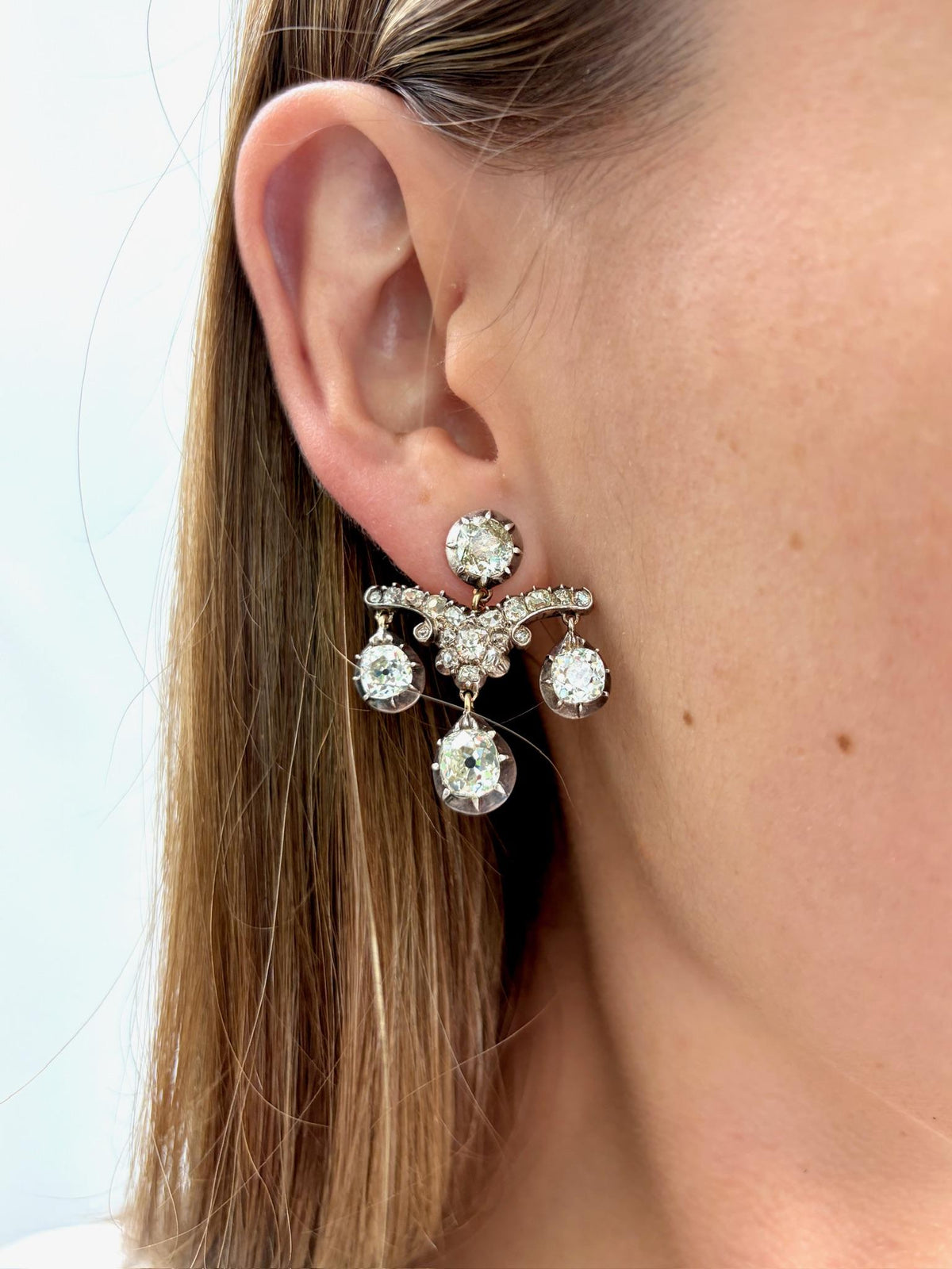 Victorian Old Mine Cut Diamond Silver Topped Gold Chandelier Earrings