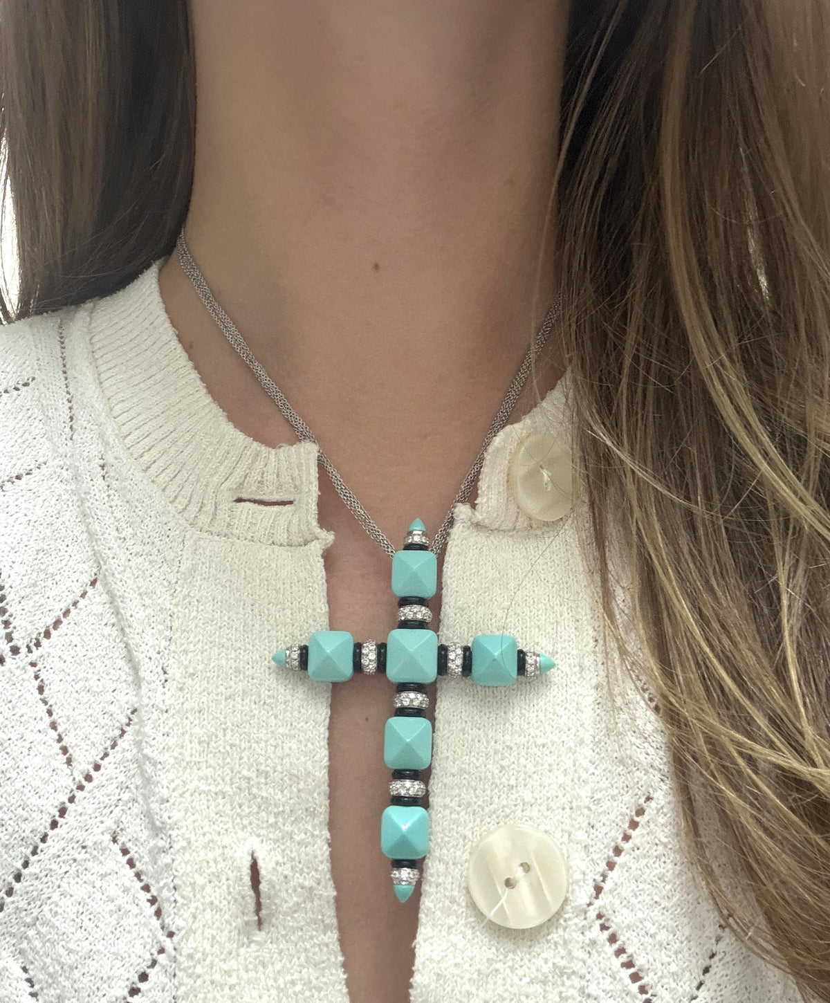 18k White Gold  Italian Vintage Diamond  Turquoise Onyx Cross Pendant