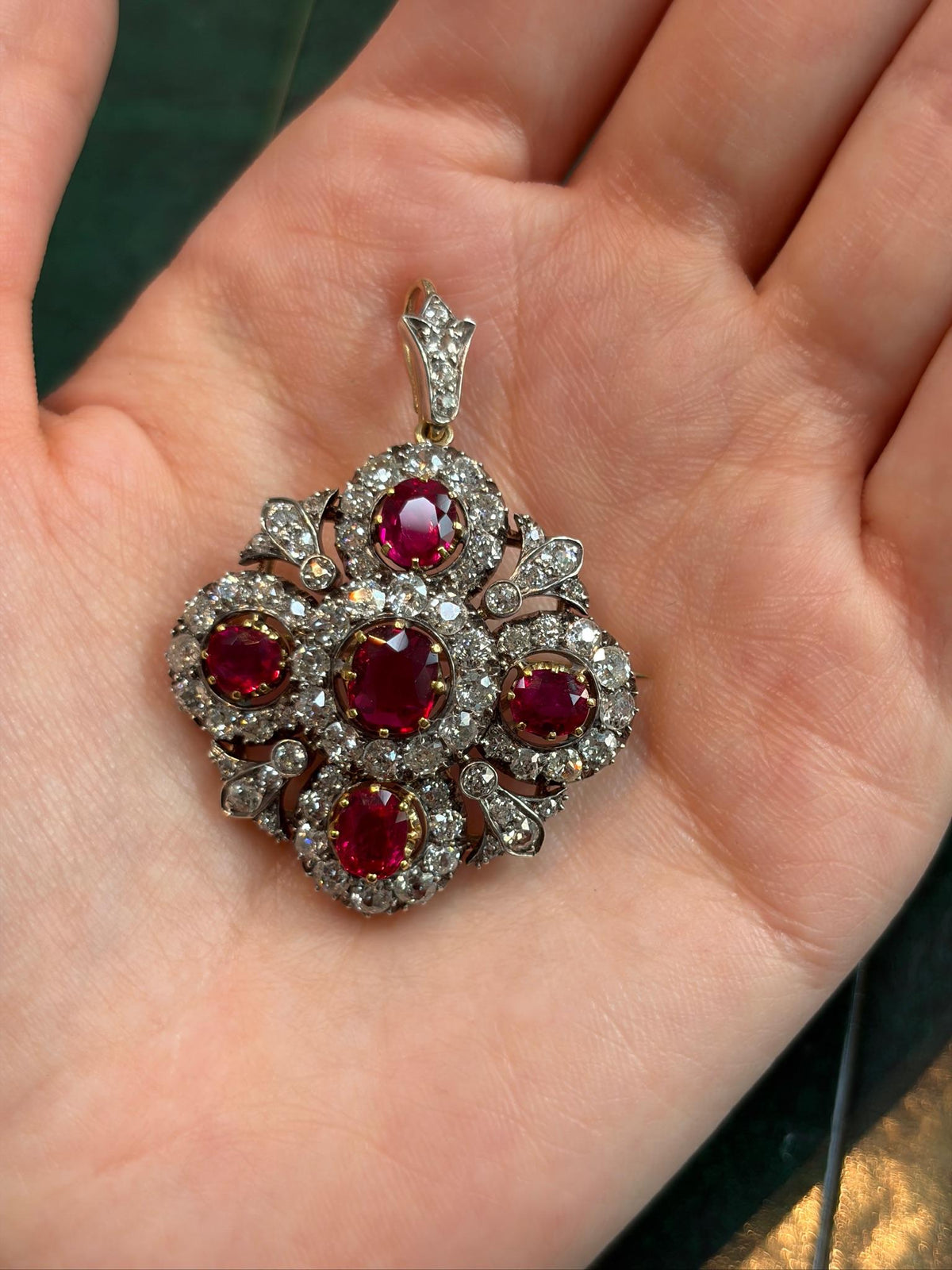 Victorian Ruby and Diamond Pendant Necklace in Silver-topped Gold, circa 1850, view 2