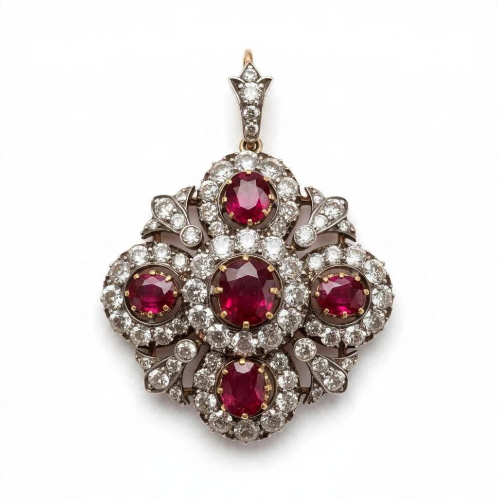 Victorian Ruby and Diamond Pendant Necklace in Silver-topped Gold, circa 1850