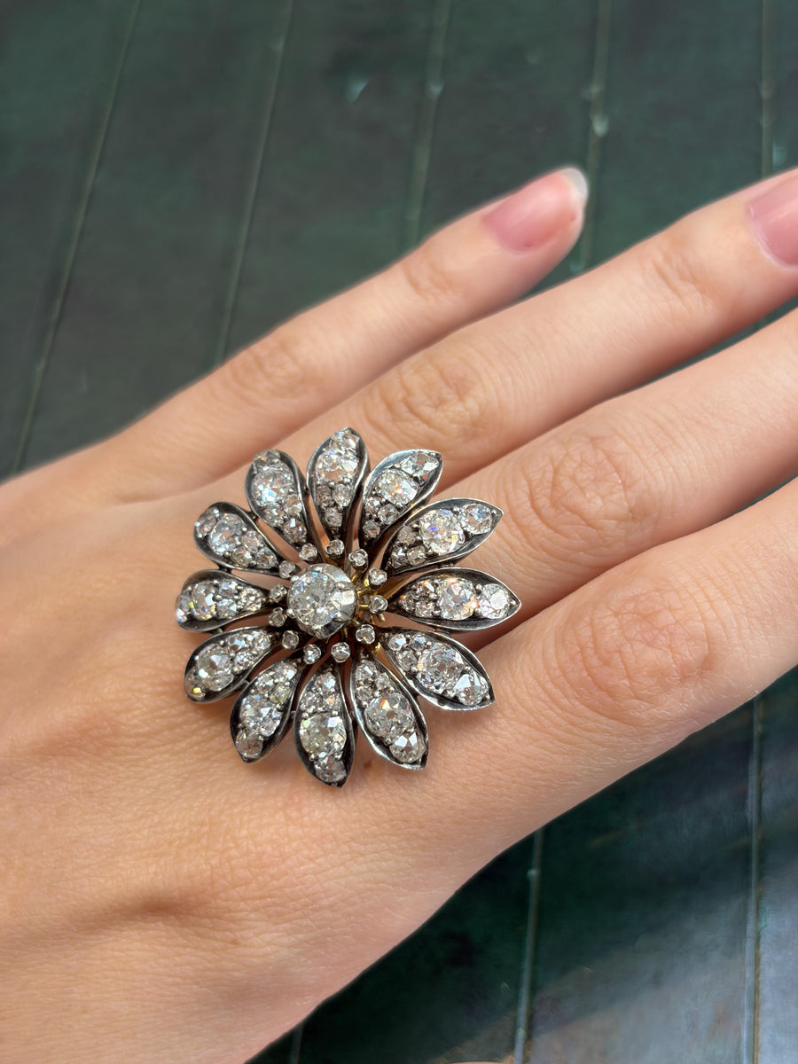 Victorian Old Mine Cut Diamond Floral Ring Pendant in Gold and Silver, second view