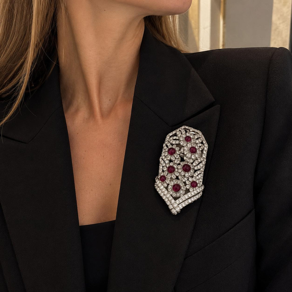 Cartier Art Deco Ruby and Diamond Floral Plaque Brooch in Platinum and 18K Gold, view 2