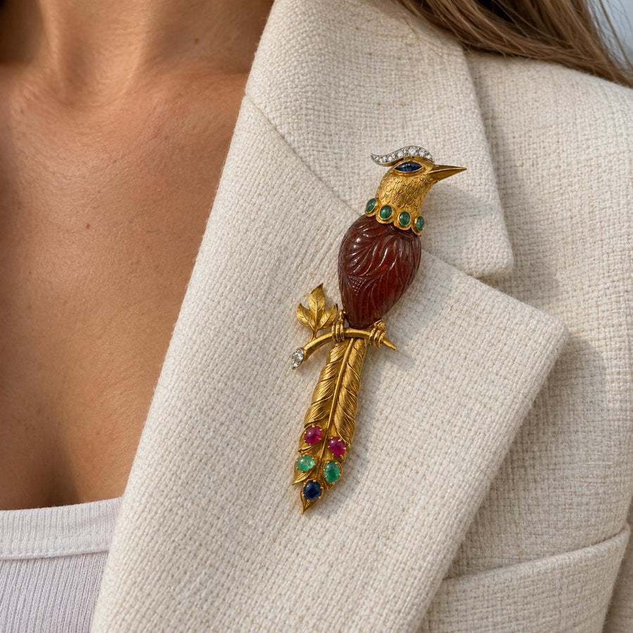 Mauboussin Carved Ruby, Emerald and Diamond Bird Brooch in 18K Yellow Gold, 1950, second view