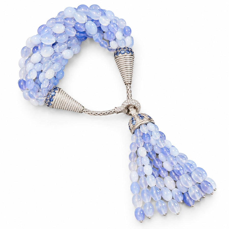 René Boivin Chalcedony, Sapphire and Diamond Tassel Bracelet in 18K White Gold