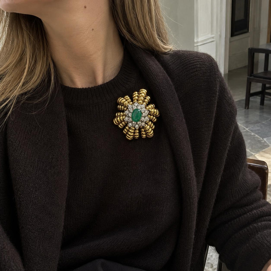 Cartier Emerald and Diamond Floral Brooch Designed by Aldo Cipullo in 18K Yellow, second view