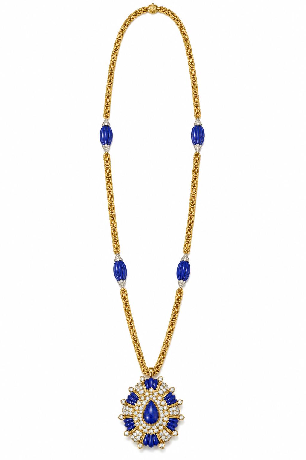 Cartier Lapis Lazuli and Diamond Tassel Necklace in Gold, 1960s, view 3