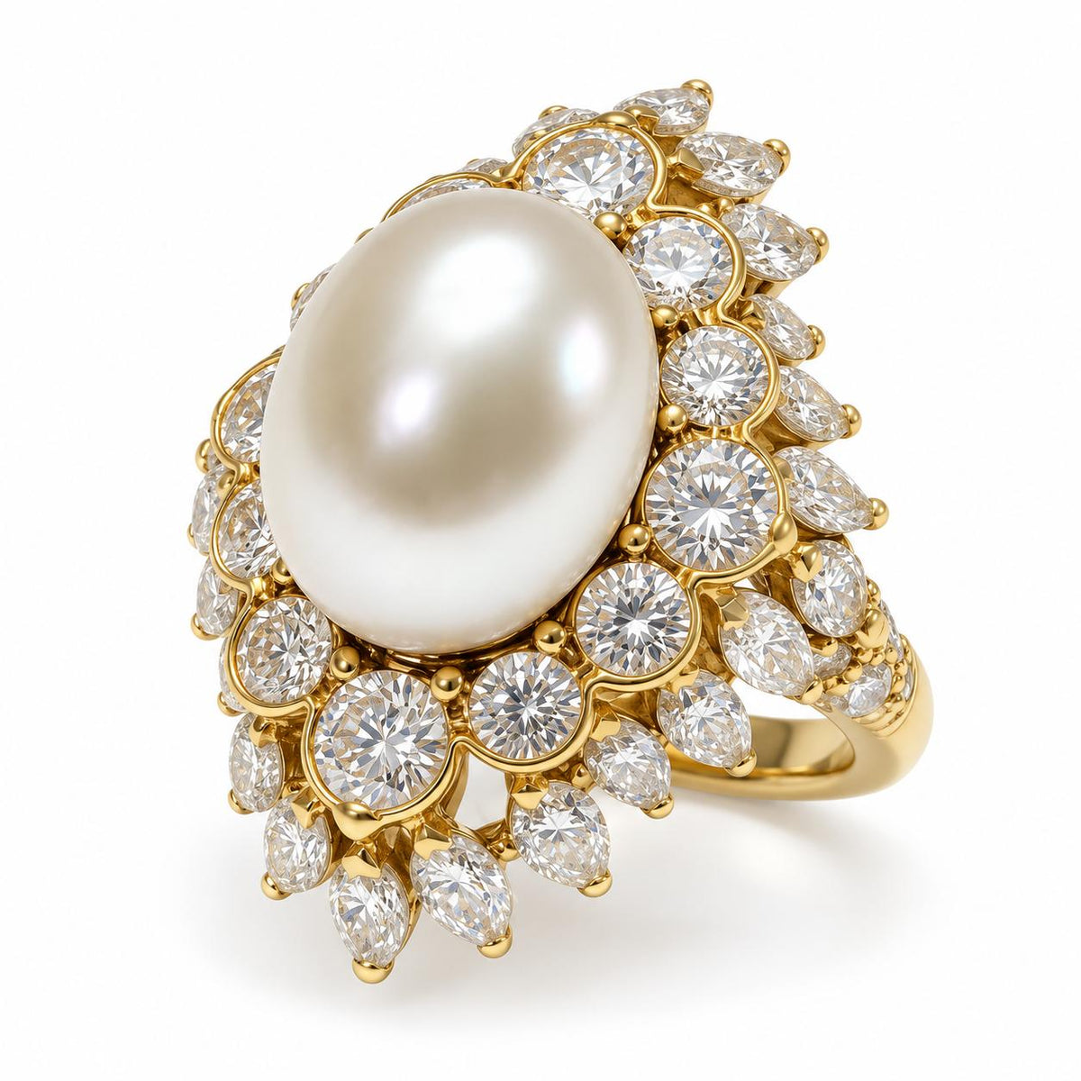 David Webb Pearl and Diamond Cocktail Ring in 18K Yellow Gold, 1970s