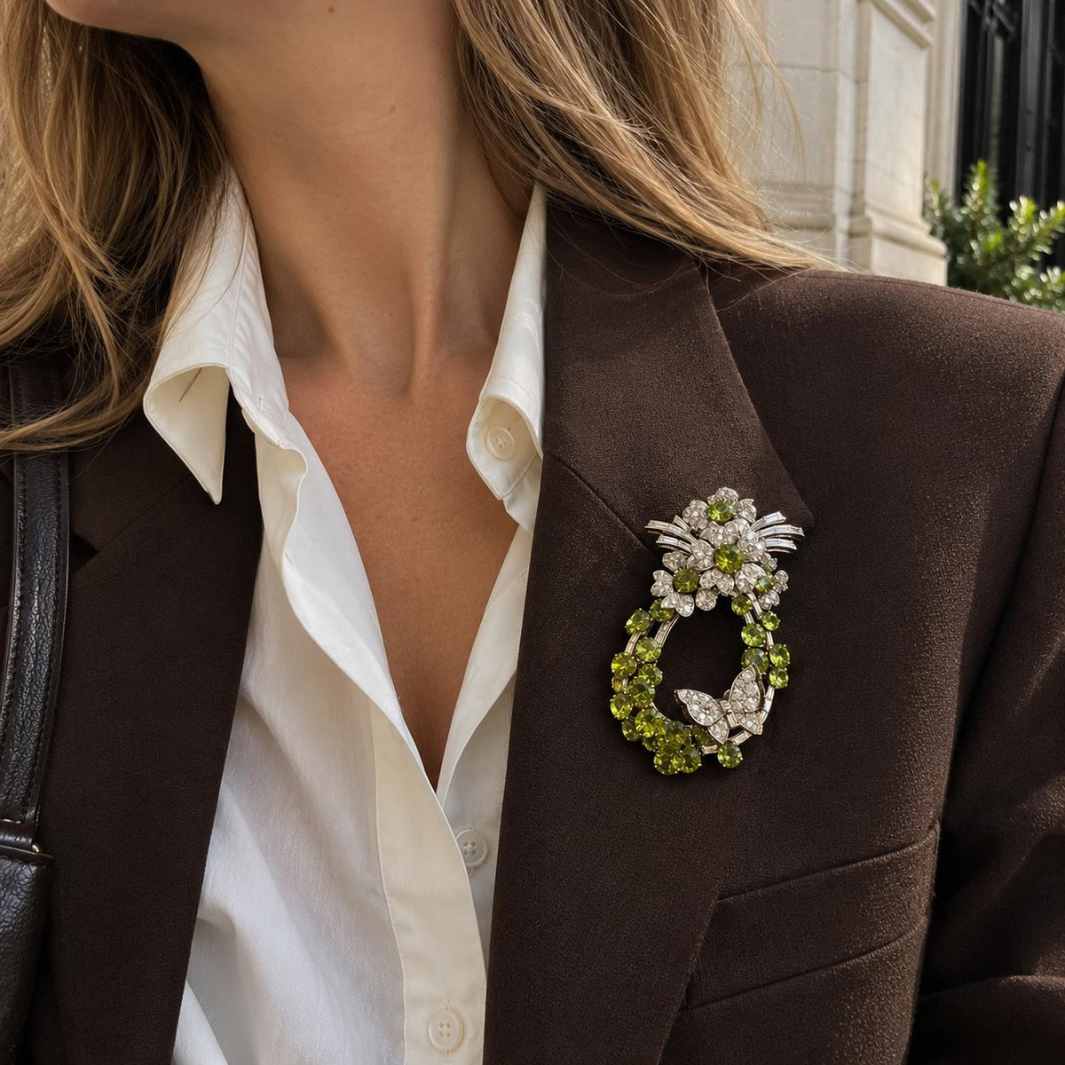 Marchak Peridot and Diamond Floral Brooch in Platinum, circa 1960, view 2
