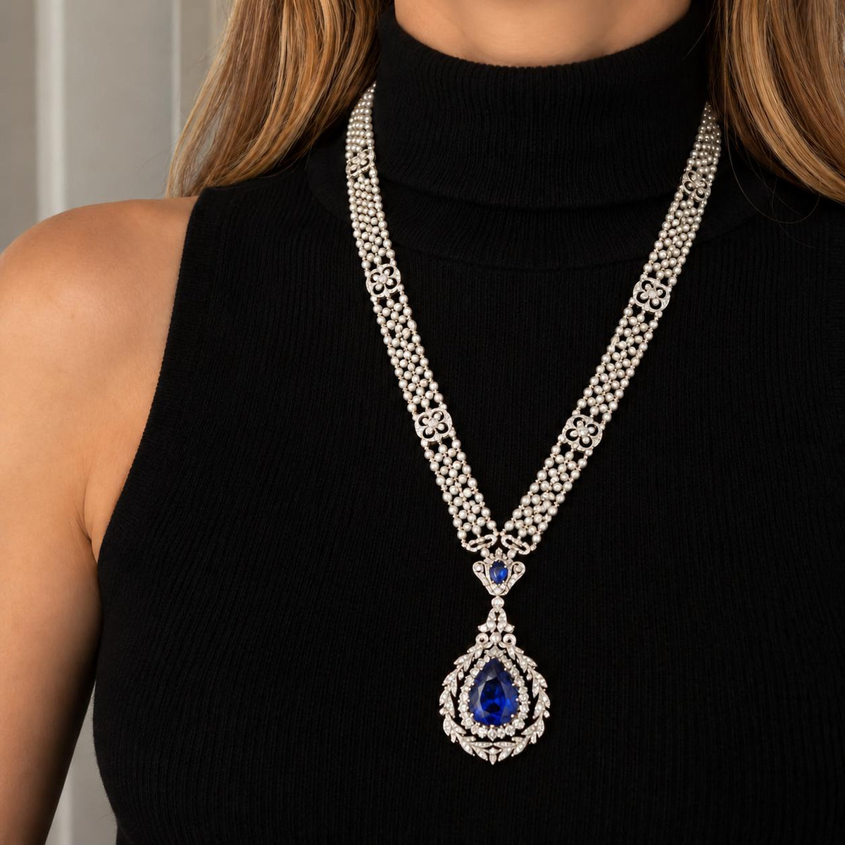 Belle Époque Sapphire, Diamond and Pearl Sautoir Necklace