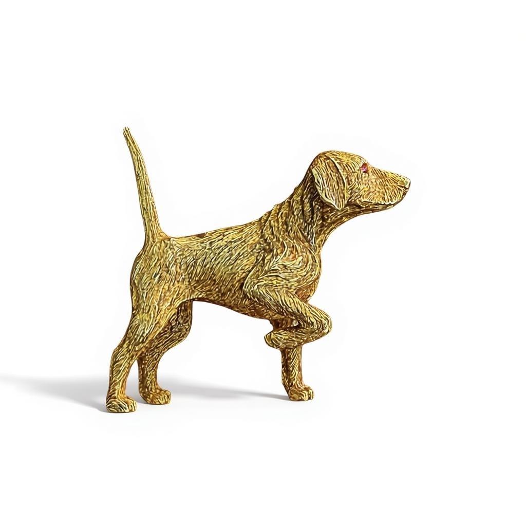 Cartier Gold Hunting Dog Brooch with Ruby Eyes, 1960s