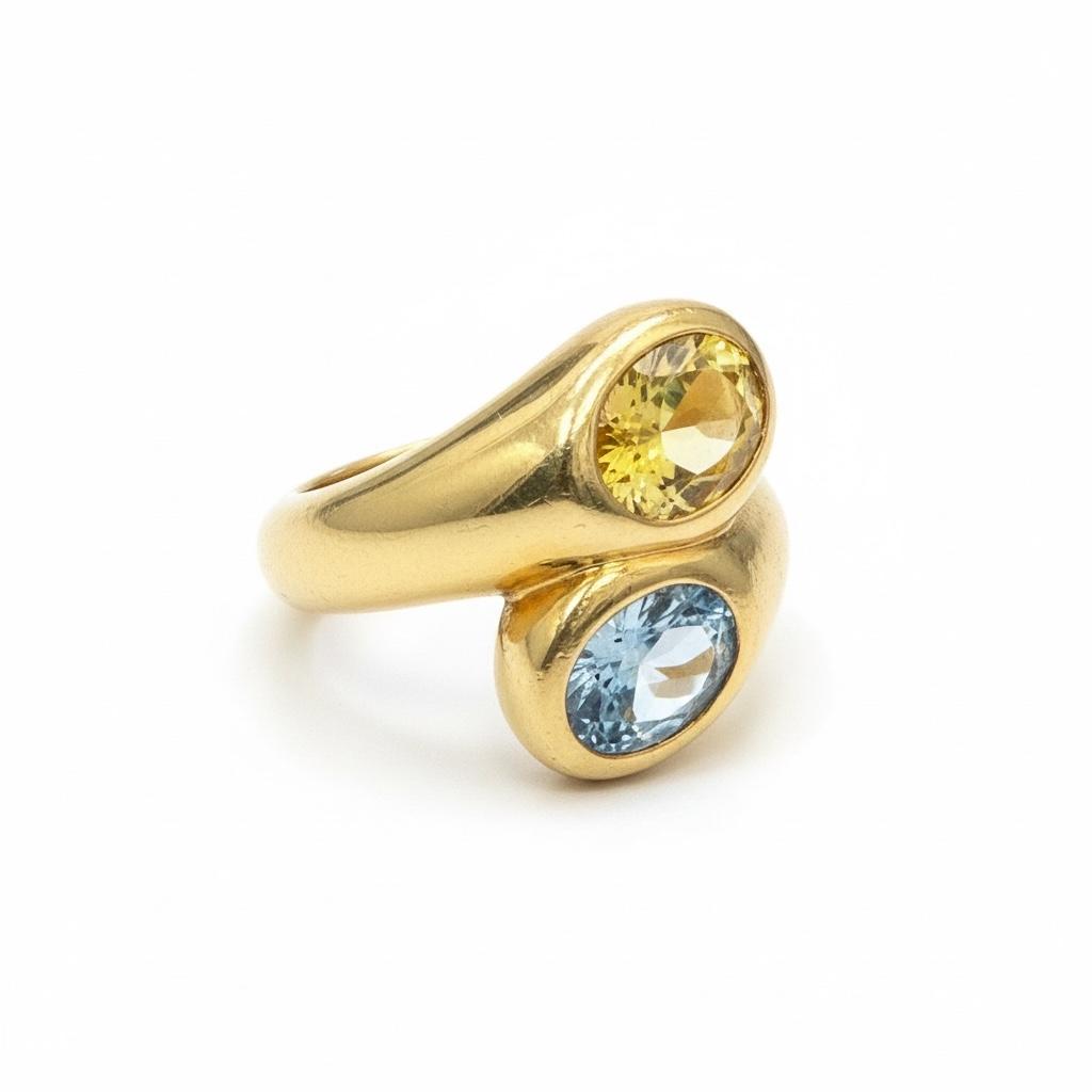 French 1970s Yellow and Blue Sapphire Toi et Moi Ring in 18k Gold