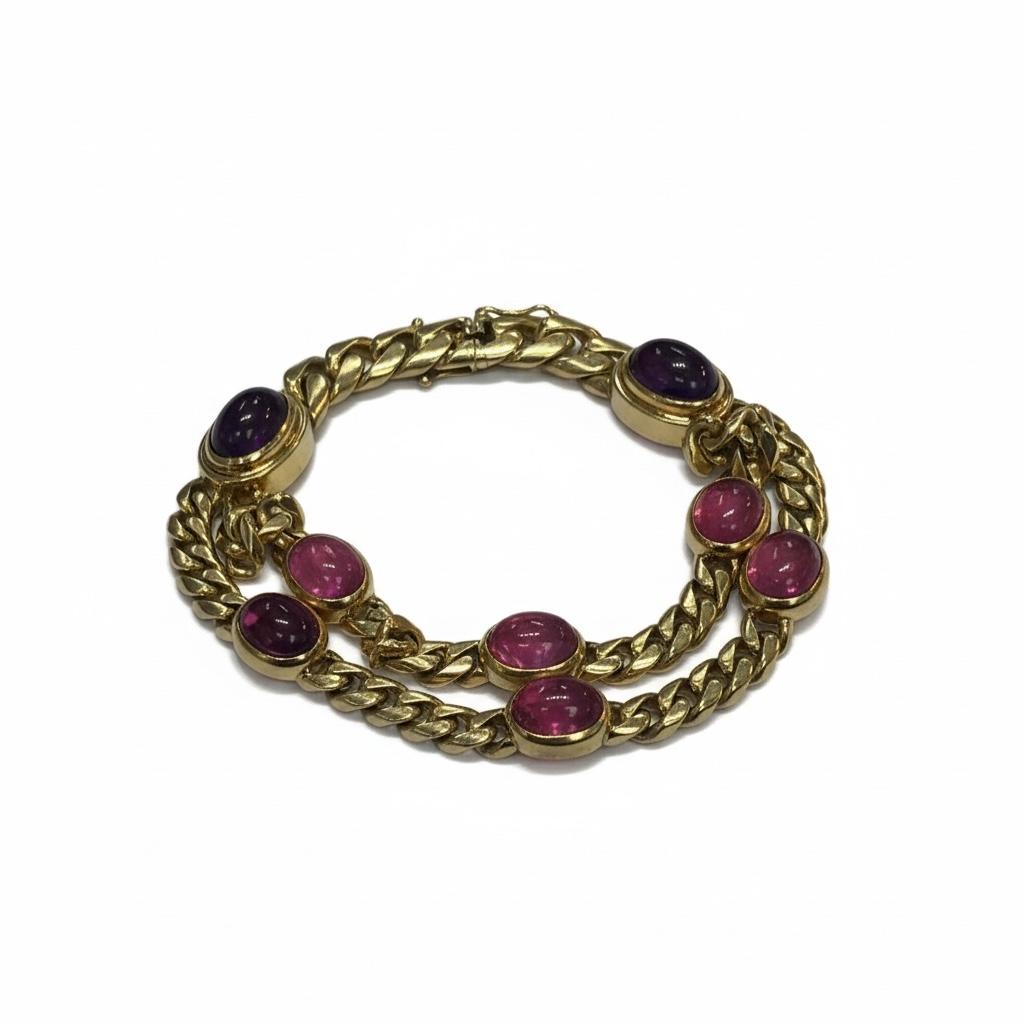 1970s Bulgari Cabochon Tourmaline and Amethyst Bracelet in 18k Gold