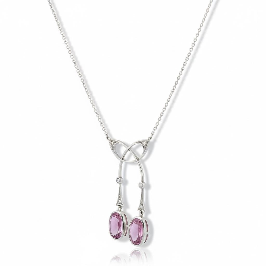 Edwardian Pink Topaz and Diamond Pendant Necklace in Platinum and 18K Gold, view 6