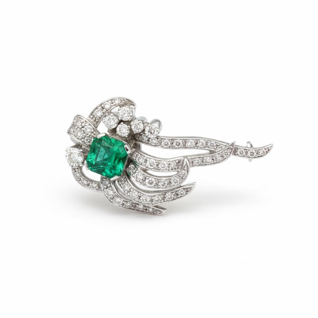 Platinum  1940s Diamond  Emerald Pin