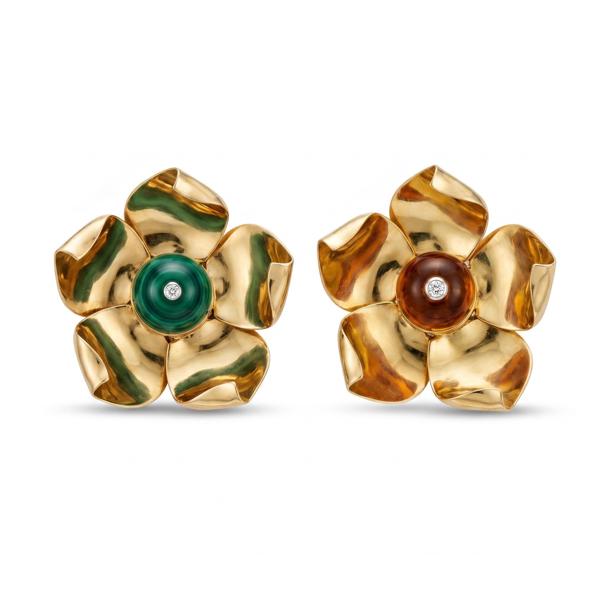 1950s Cartier Malachite and Citrine Flower Brooches