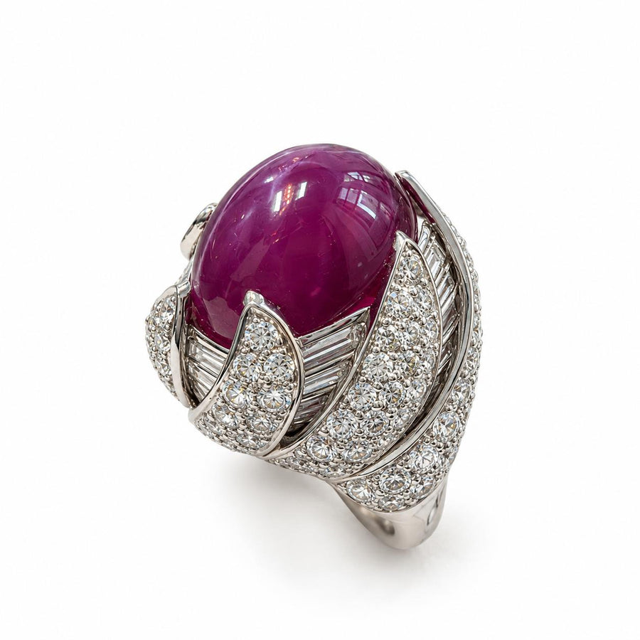David Webb Star Ruby and Diamond Cocktail Ring in Platinum, 1960s