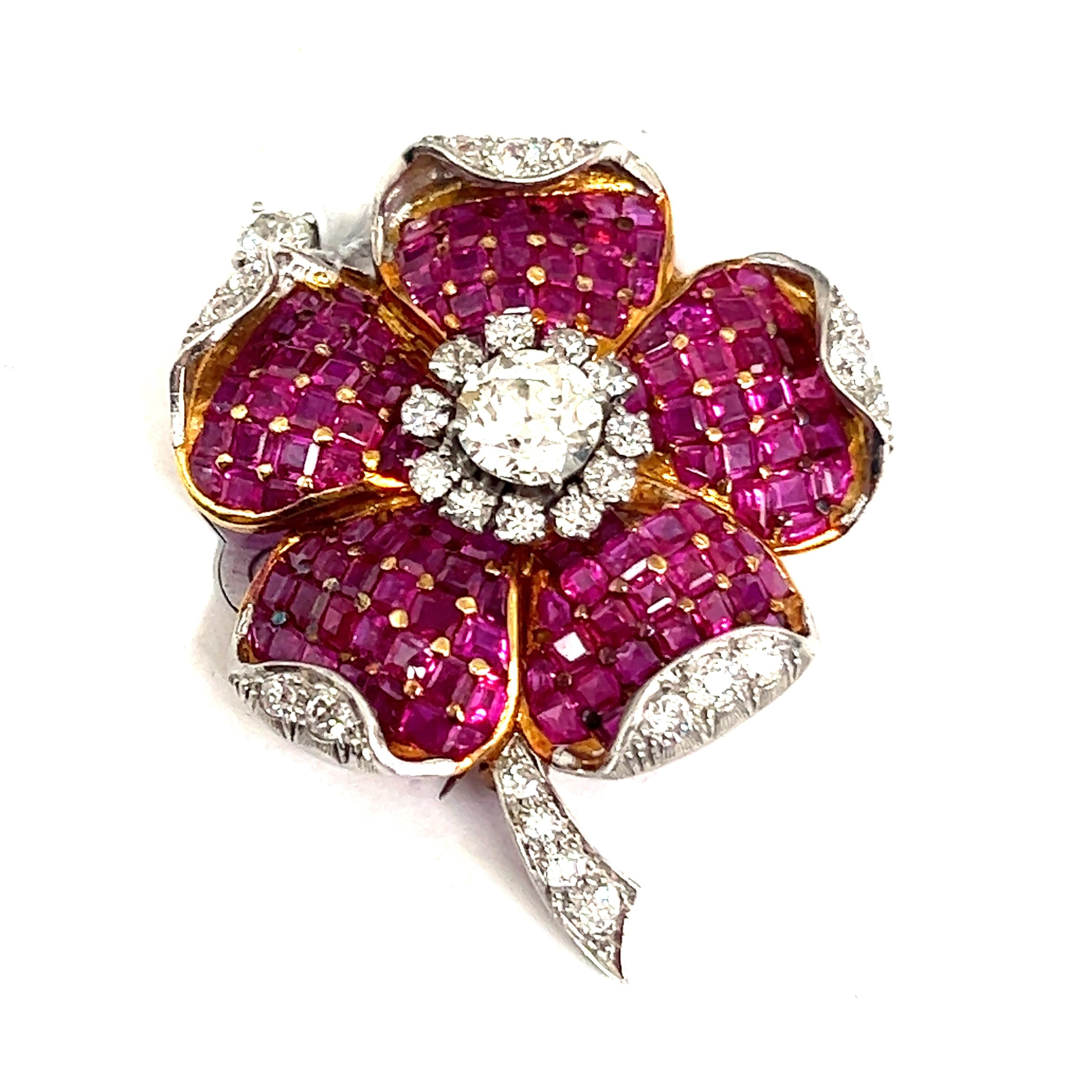 1950's  Retro  Flower Ruby & Diamond Brooch