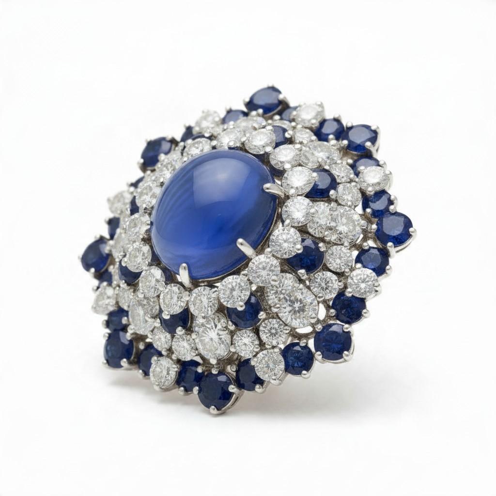 Oscar Heyman Cabochon Sapphire and Diamond Cluster Brooch in Platinum, 1950s, view 3