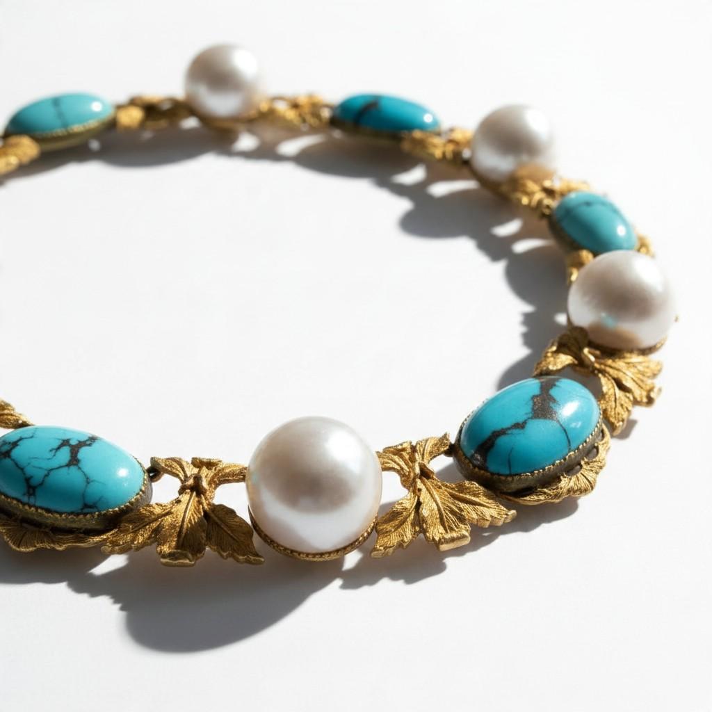Buccellati Turquoise and Pearl Necklace in 18K Yellow Gold, 1960s, view 4