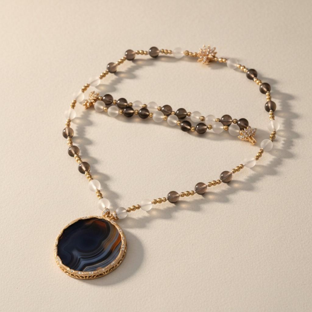 French Agate, Quartz, Diamond and Gold Demi-Parure