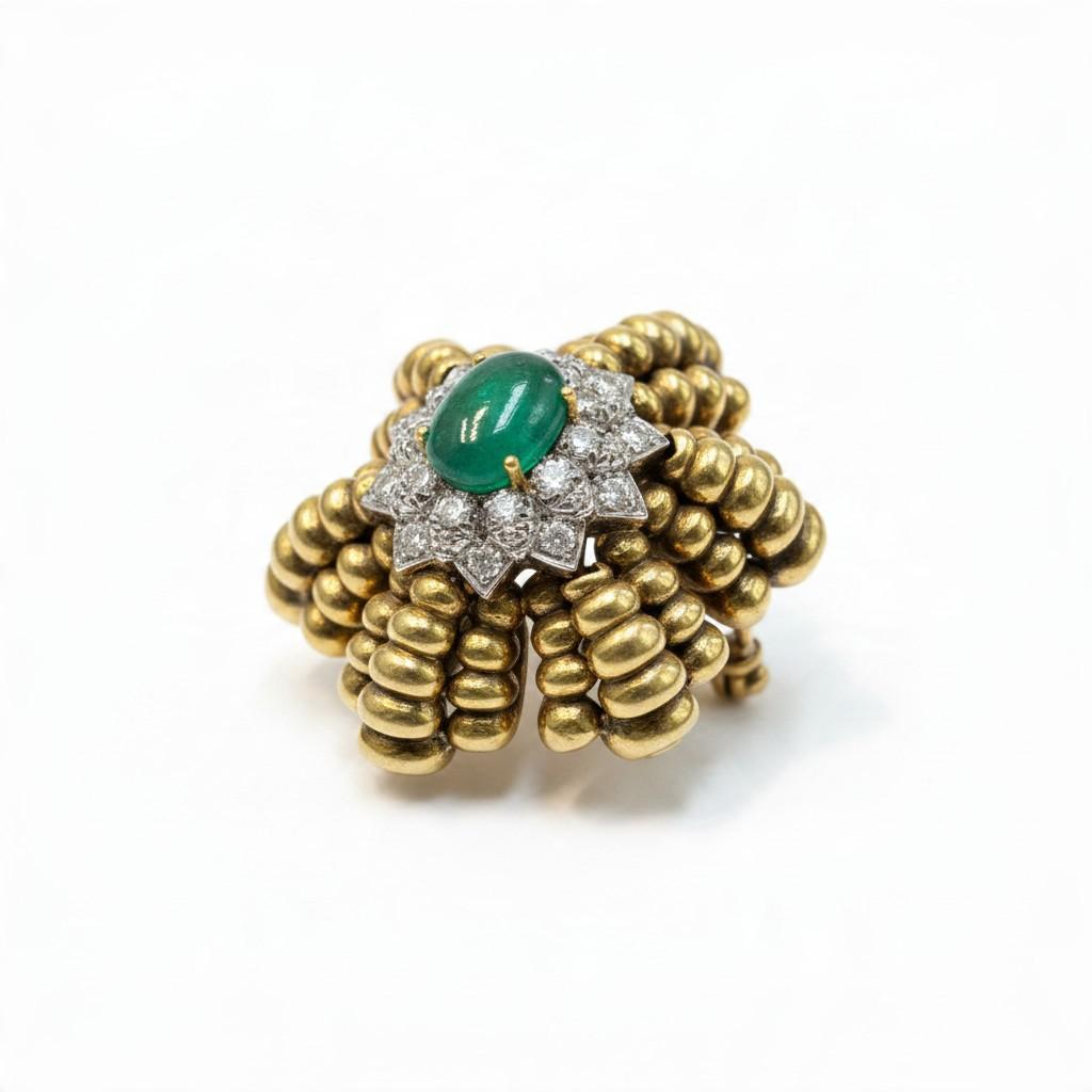 Cartier Emerald and Diamond Floral Brooch Designed by Aldo Cipullo in 18K Yellow, view 3