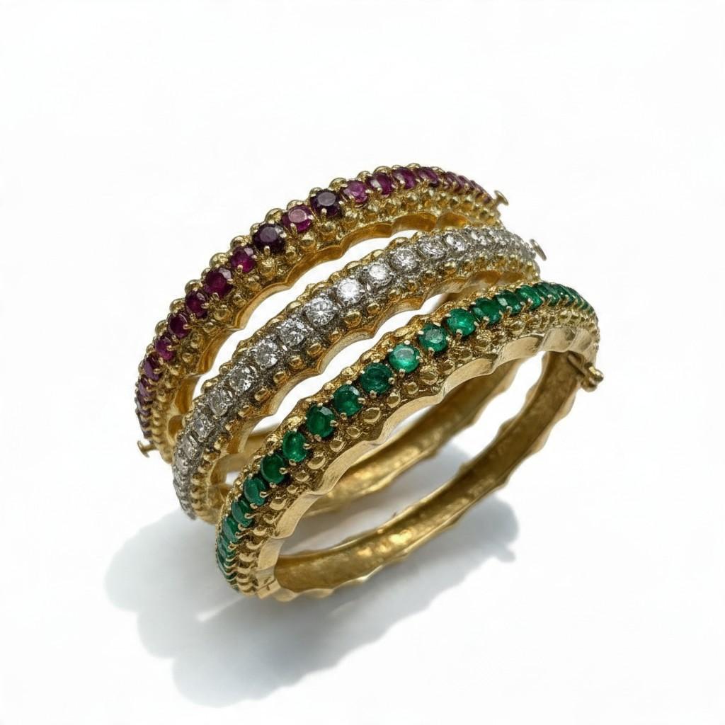 Ruby, Diamond and Emerald 18K Gold Bangle Bracelet Set
