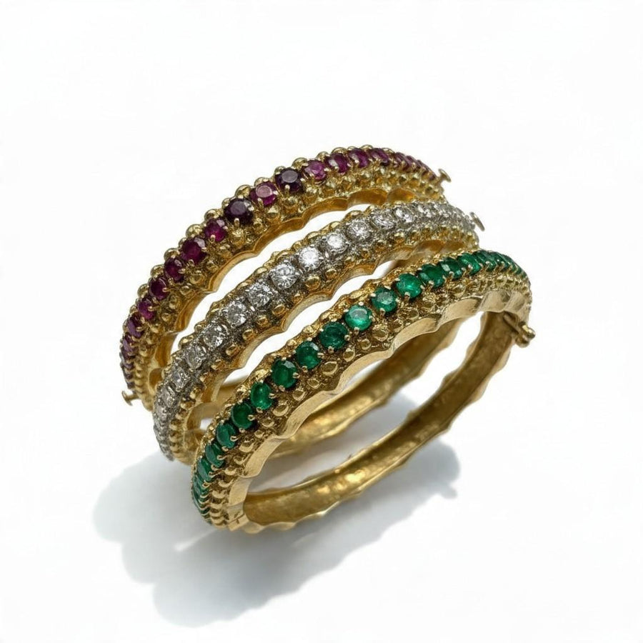 Ruby, Diamond and Emerald 18K Gold Bangle Bracelet Set