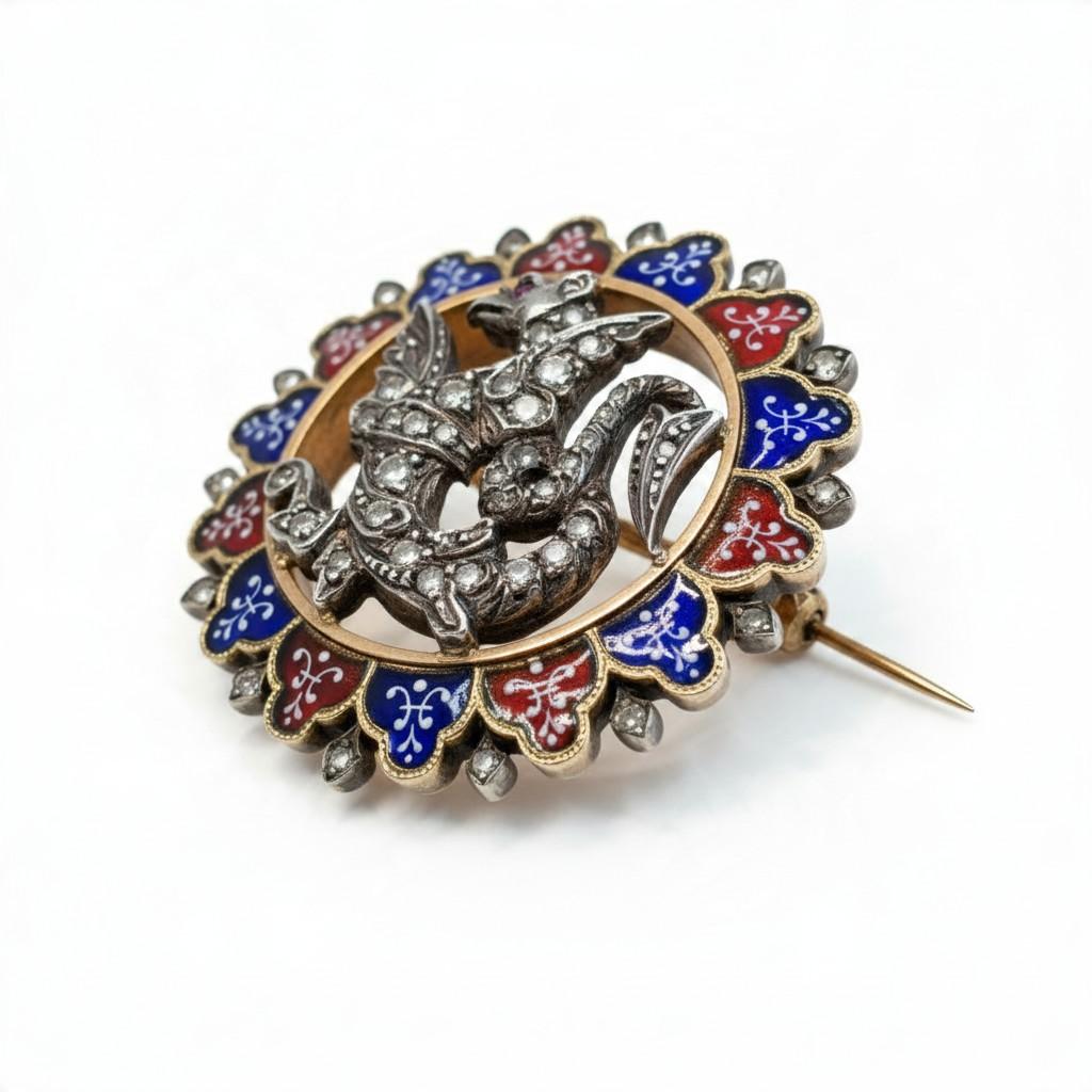 French Dragon Brooch in Enamel, Diamond, Silver, and Gold