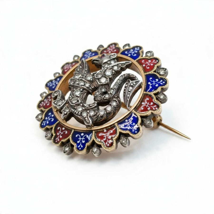 French Dragon Brooch in Enamel, Diamond, Silver, and Gold, second view