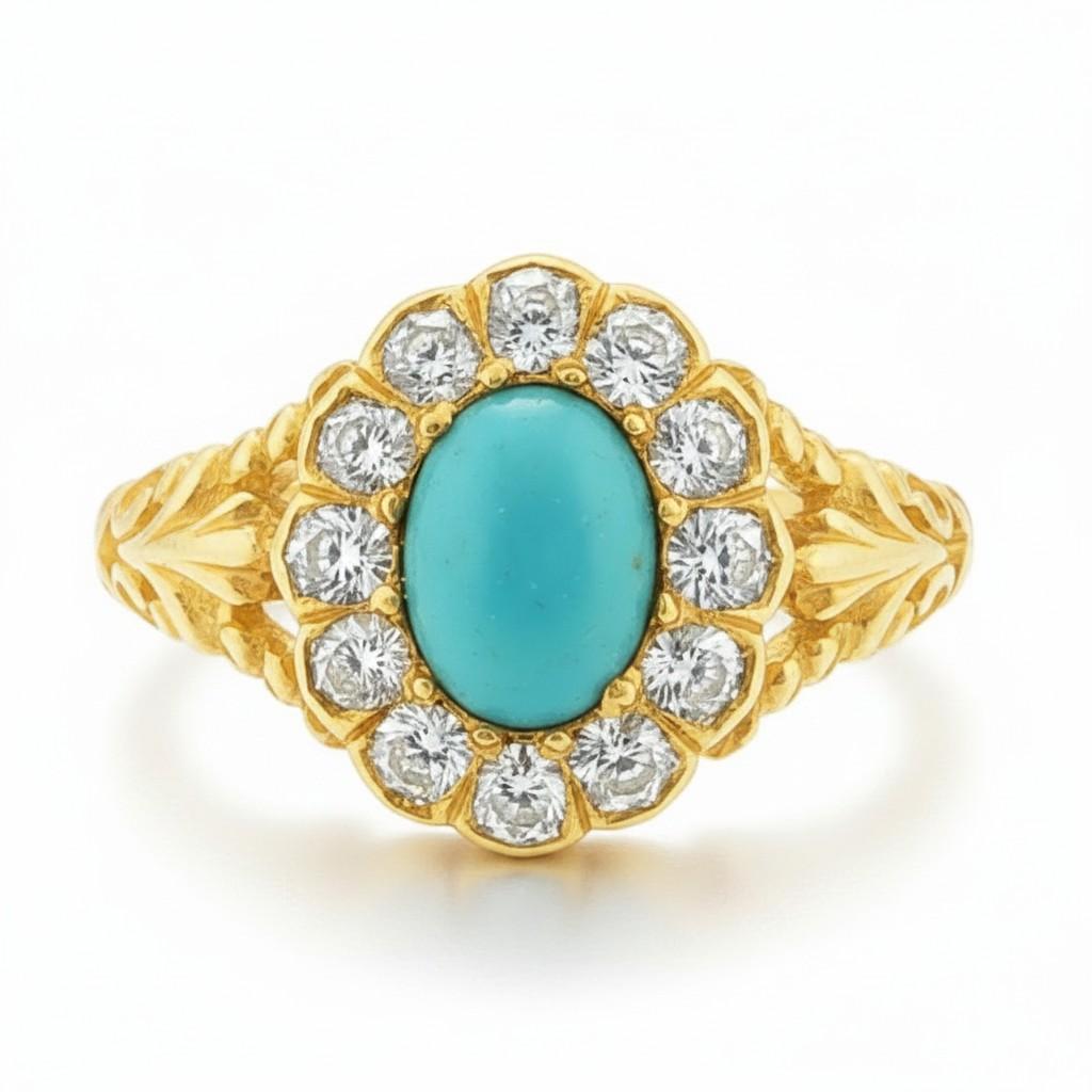 Antique French Turquoise and Diamond Halo Ring, Circa 1850, 18k Gold