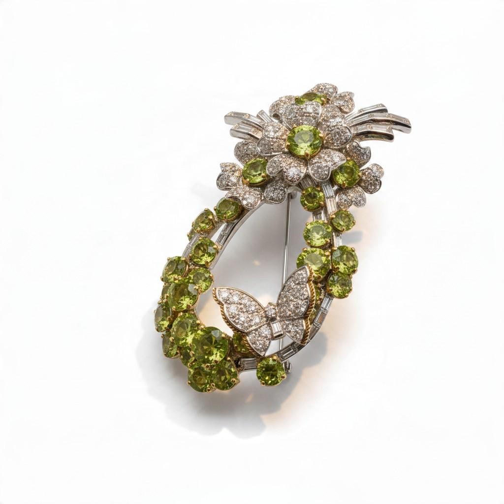 Marchak Peridot and Diamond Floral Brooch in Platinum, circa 1960, view 4