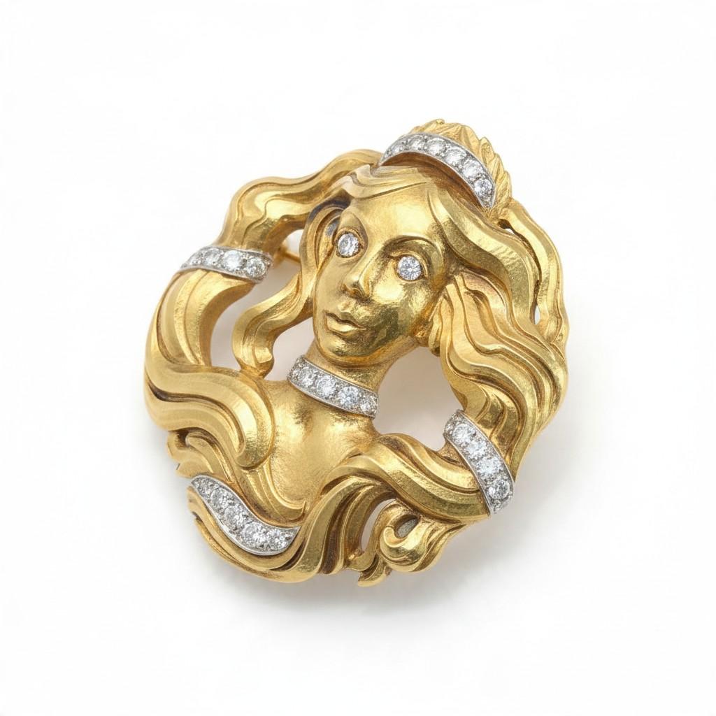 David Webb Medusa Diamond Pendant Brooch in 18K Yellow Gold, 1980s, view 3