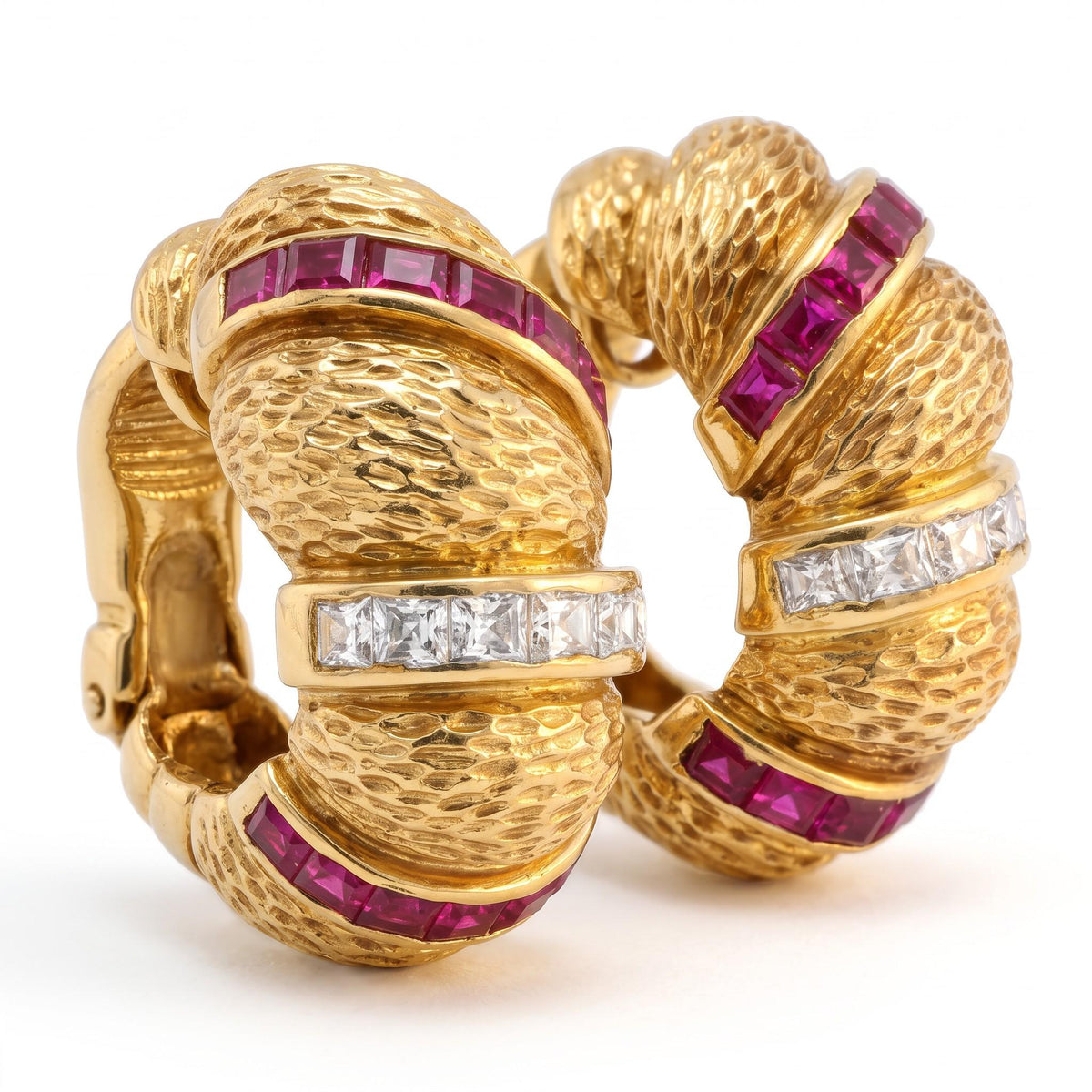 18K Gold French Cut Diamond Ruby Textured Earrings