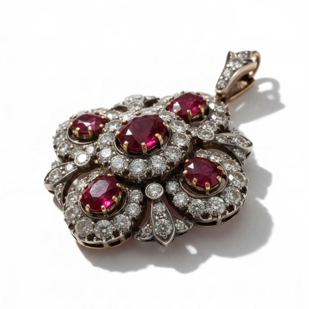 Victorian Ruby and Diamond Pendant Necklace in Silver-topped Gold, circa 1850, view 3