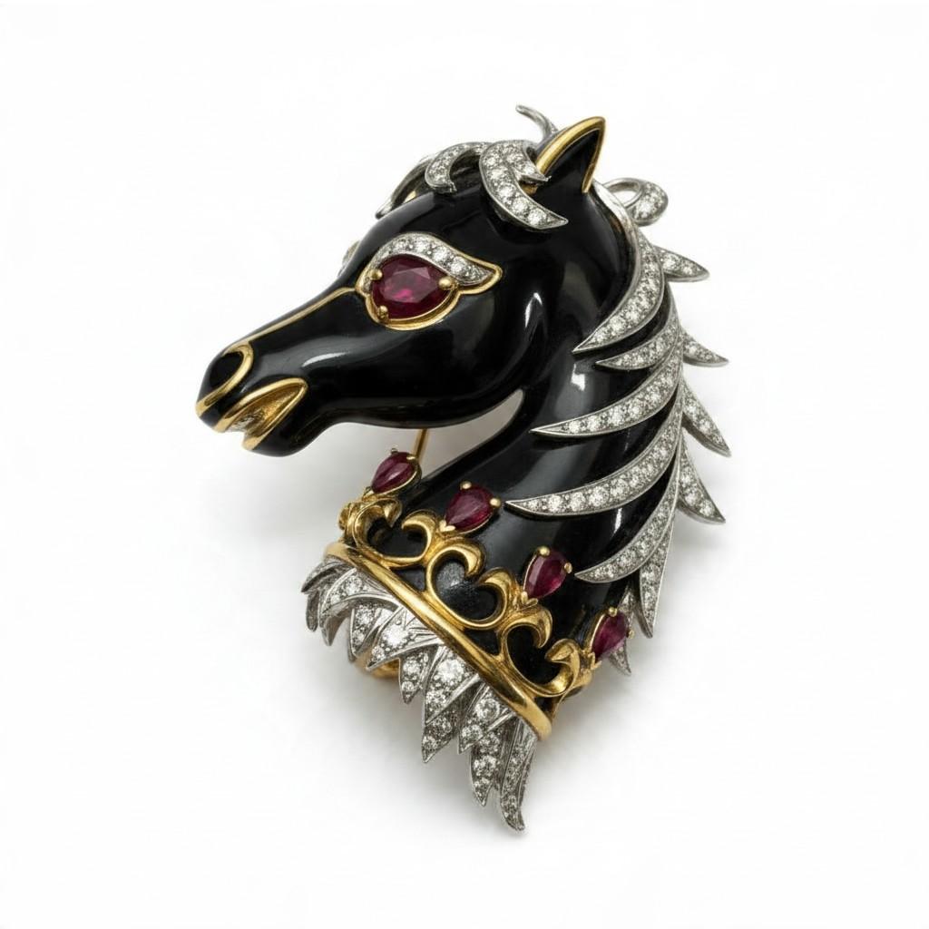David Webb Diamond, Ruby and Black Enamel Horse Brooch in 18K Yellow Gold, 1970, view 3