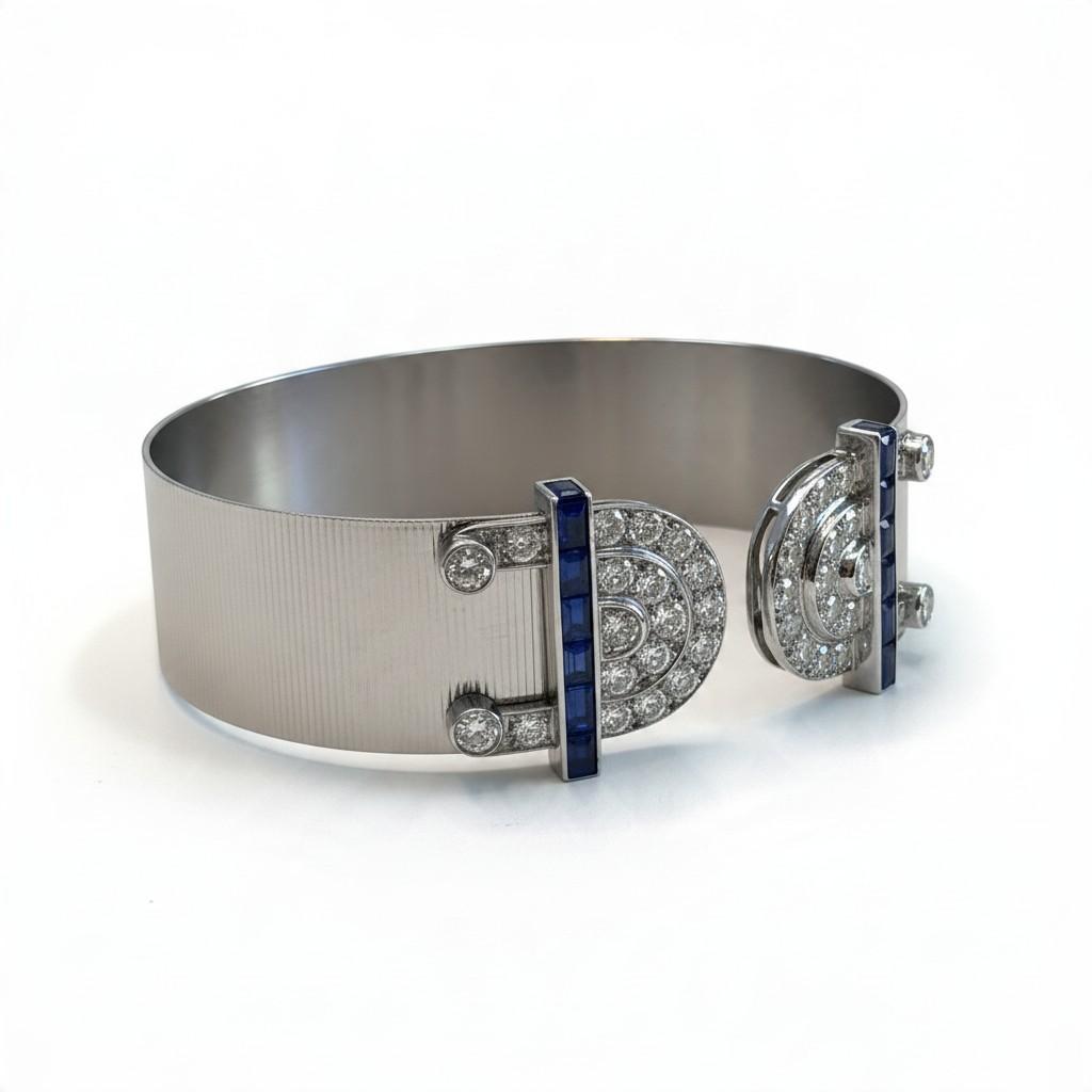 Diamond and Sapphire Cuff Bracelet in 18K White Gold