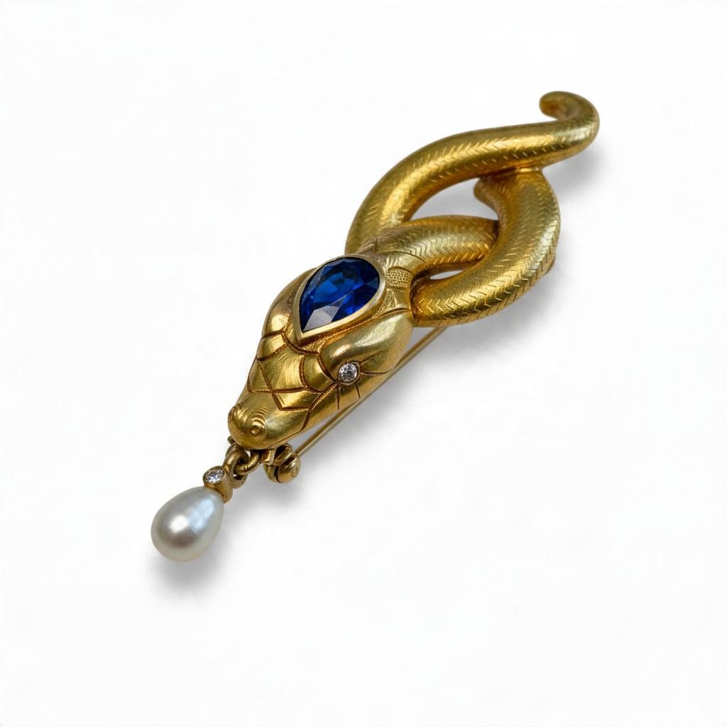 Victorian Sapphire, Diamond and Pearl Serpent Brooch