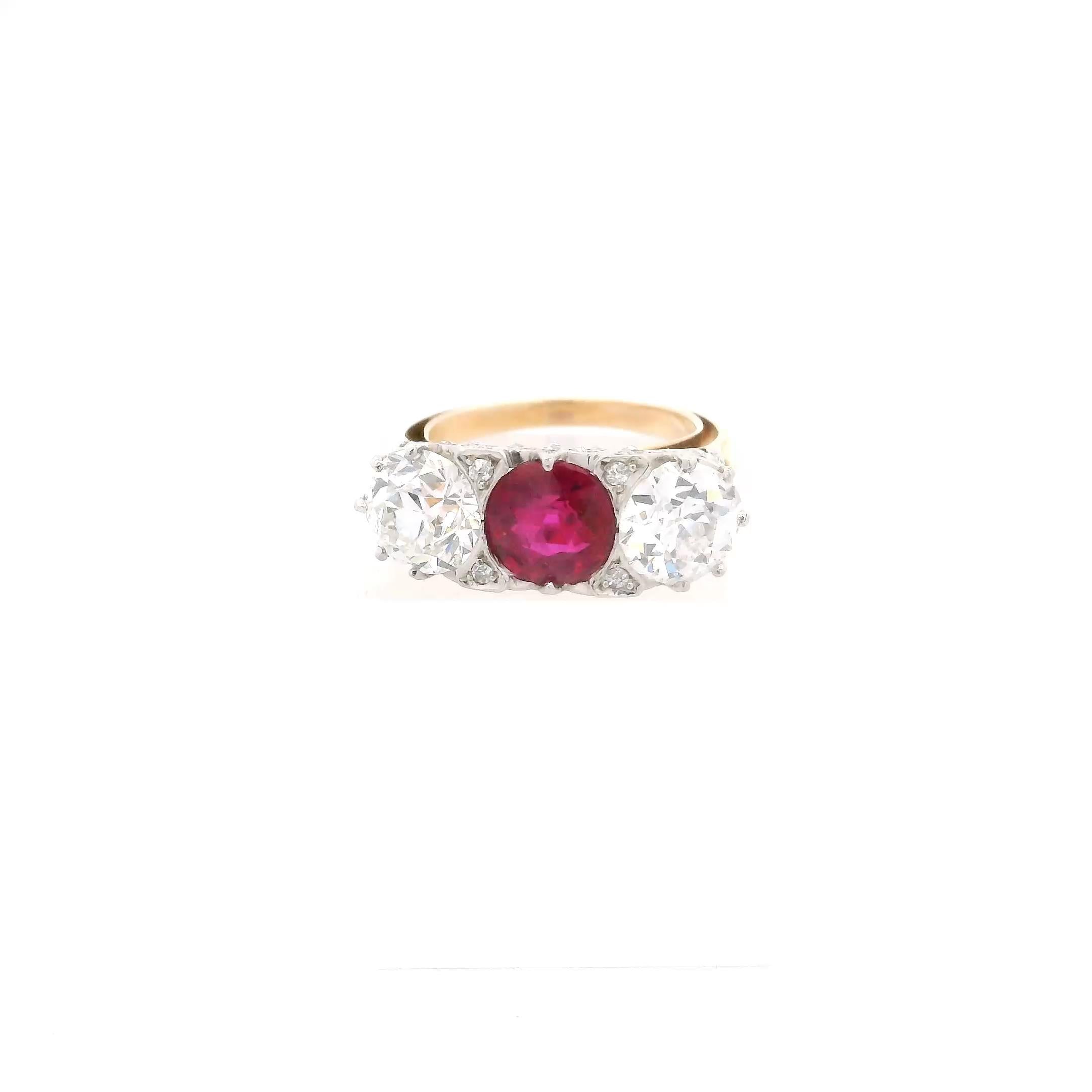 Burma No Heat Ruby and Diamond Three-Stone Ring by Marcus & Co.