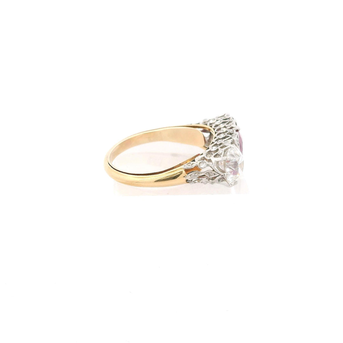 Marcus & Co. No-Heat Burma Ruby and Diamond Three-Stone Ring, Platinum and Gold, view 8