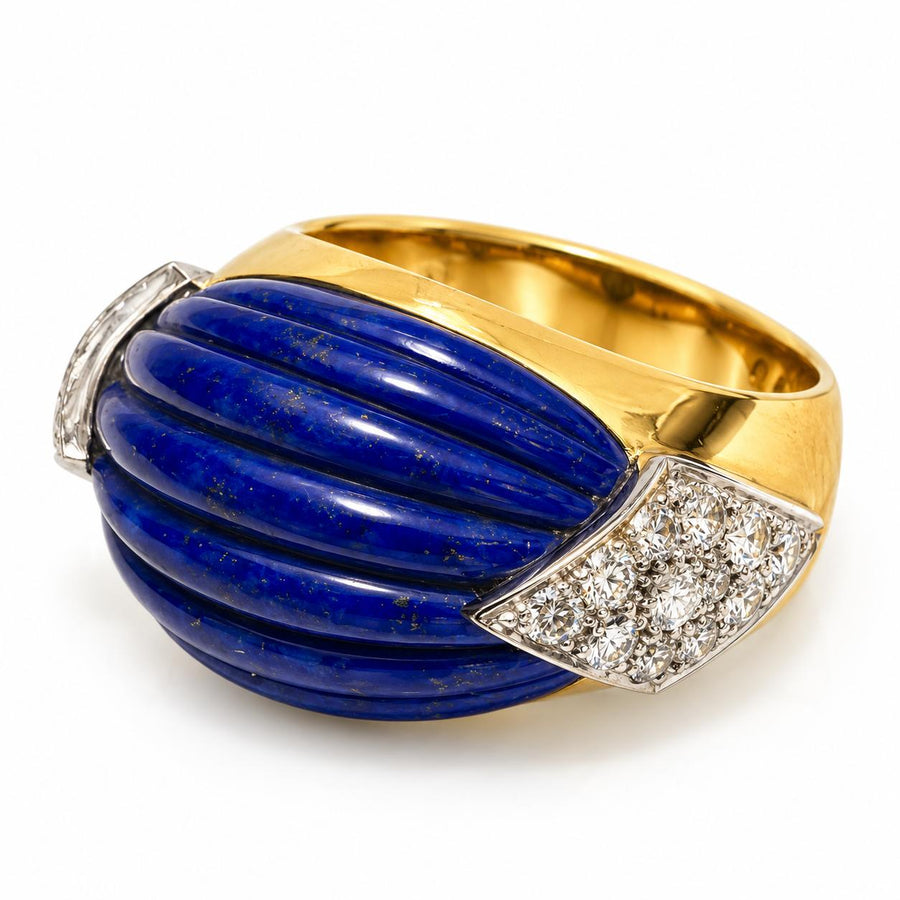 Fluted Lapis Lazuli and Diamond Bombé Ring in 14K Gold