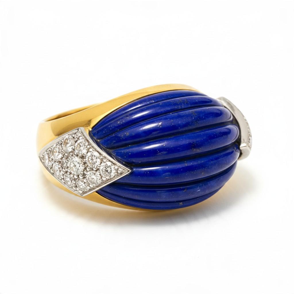 Fluted Lapis Lazuli and Diamond Bombé Ring in 14K Gold