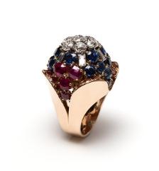 18k pink gold, diamond, blue and orange sapphires and ruby Ring