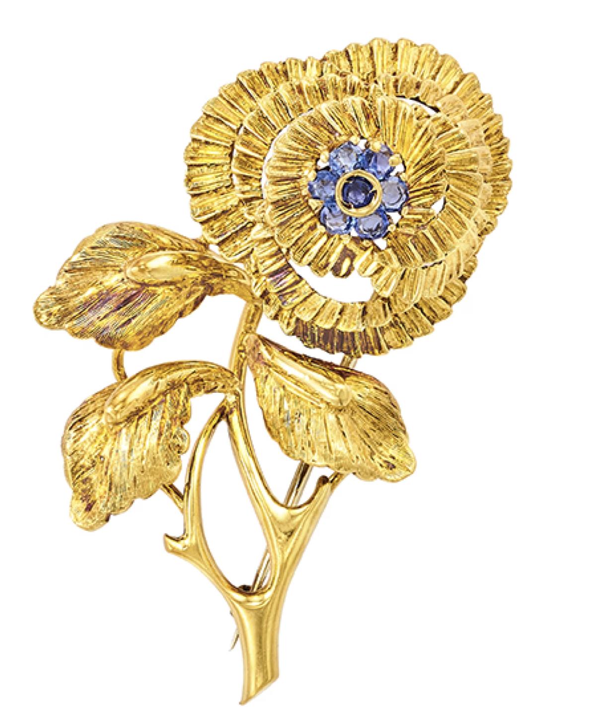 18k Gold French Flower Sapphire Brooch