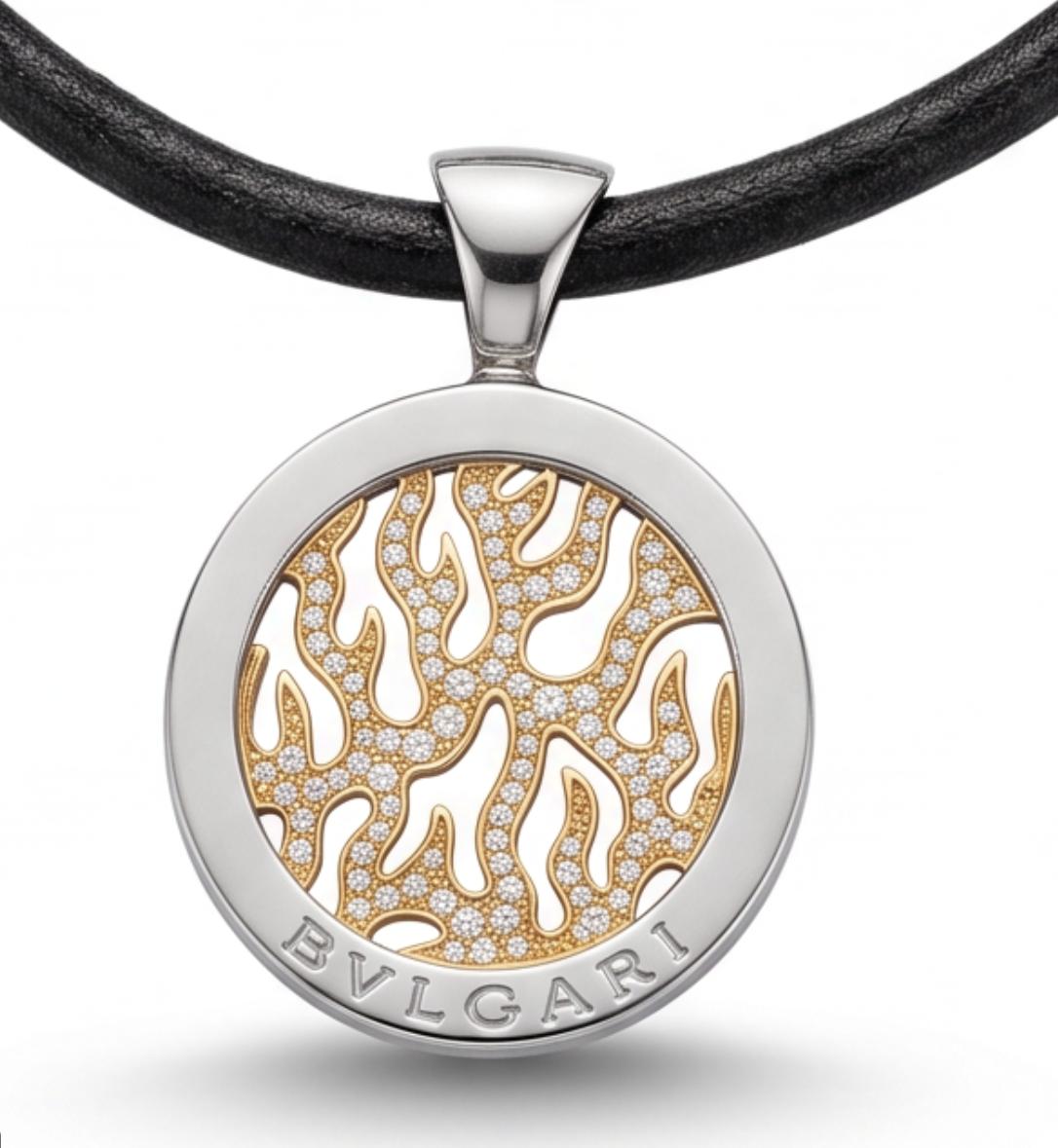 Bulgari Tondo Fire Diamond, Gold and Steel Pendant Necklace