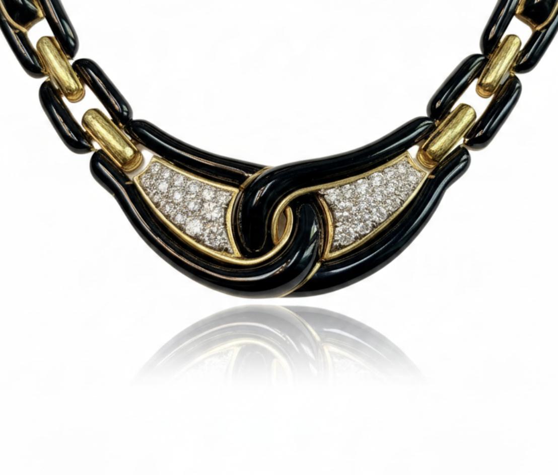 David Webb Diamond and Black Enamel Link Necklace in 18K Yellow Gold, 1980s, view 3