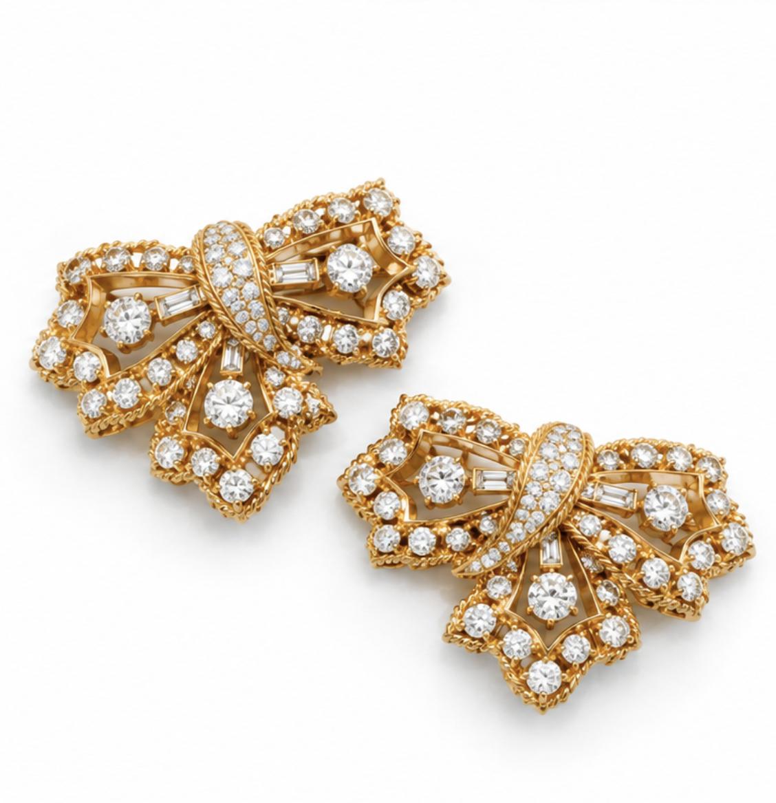 Cartier Diamond Ribbon Bow Brooch Suite in 18K Yellow Gold, 1950s, view 4
