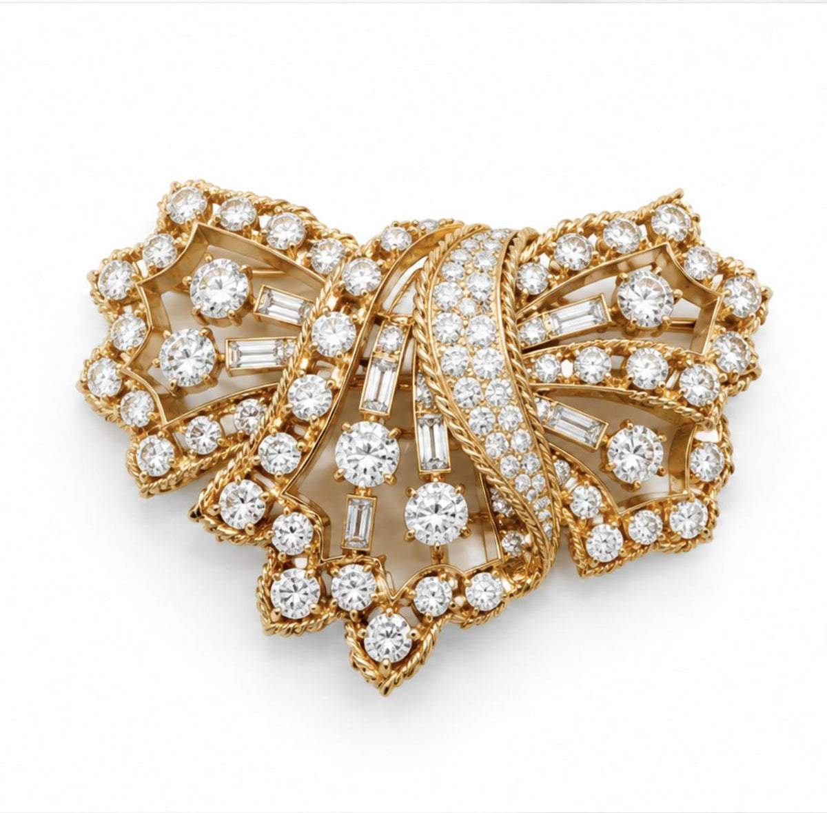 Cartier Diamond Ribbon Bow Brooch Suite in 18K Yellow Gold, 1950s, view 3