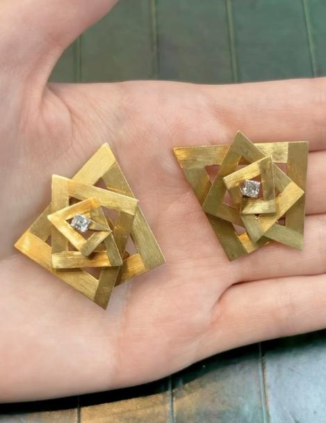 Marianne Ostier Geometric Diamond Earrings in 18K Gold, circa 1960, view 3