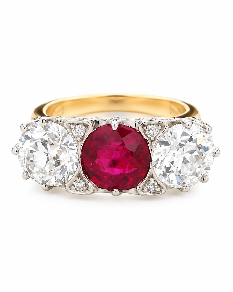 Marcus & Co. No-Heat Burma Ruby and Diamond Three-Stone Ring, Platinum and Gold