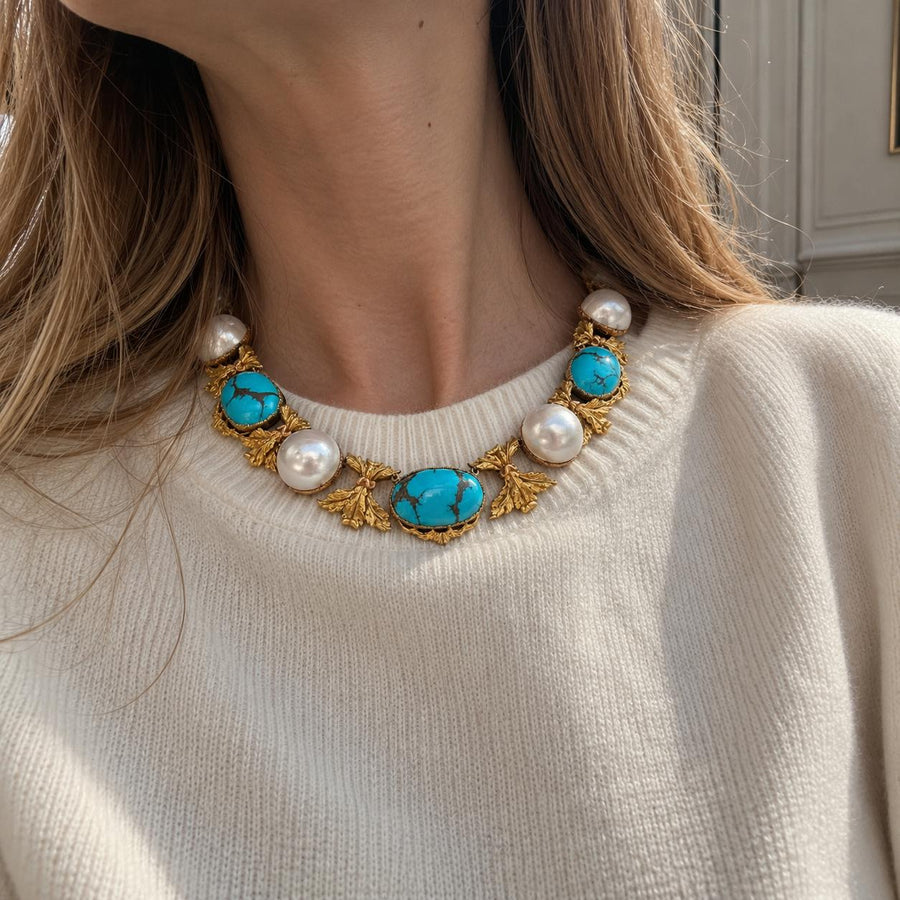 Buccellati Turquoise and Pearl Necklace in 18K Yellow Gold, 1960s, second view